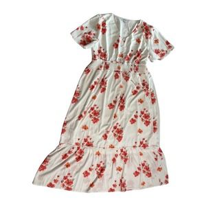 Womens Polagram White Coral Floral Print Flowy Boho Ruffled Maxi Dress Plus 1X